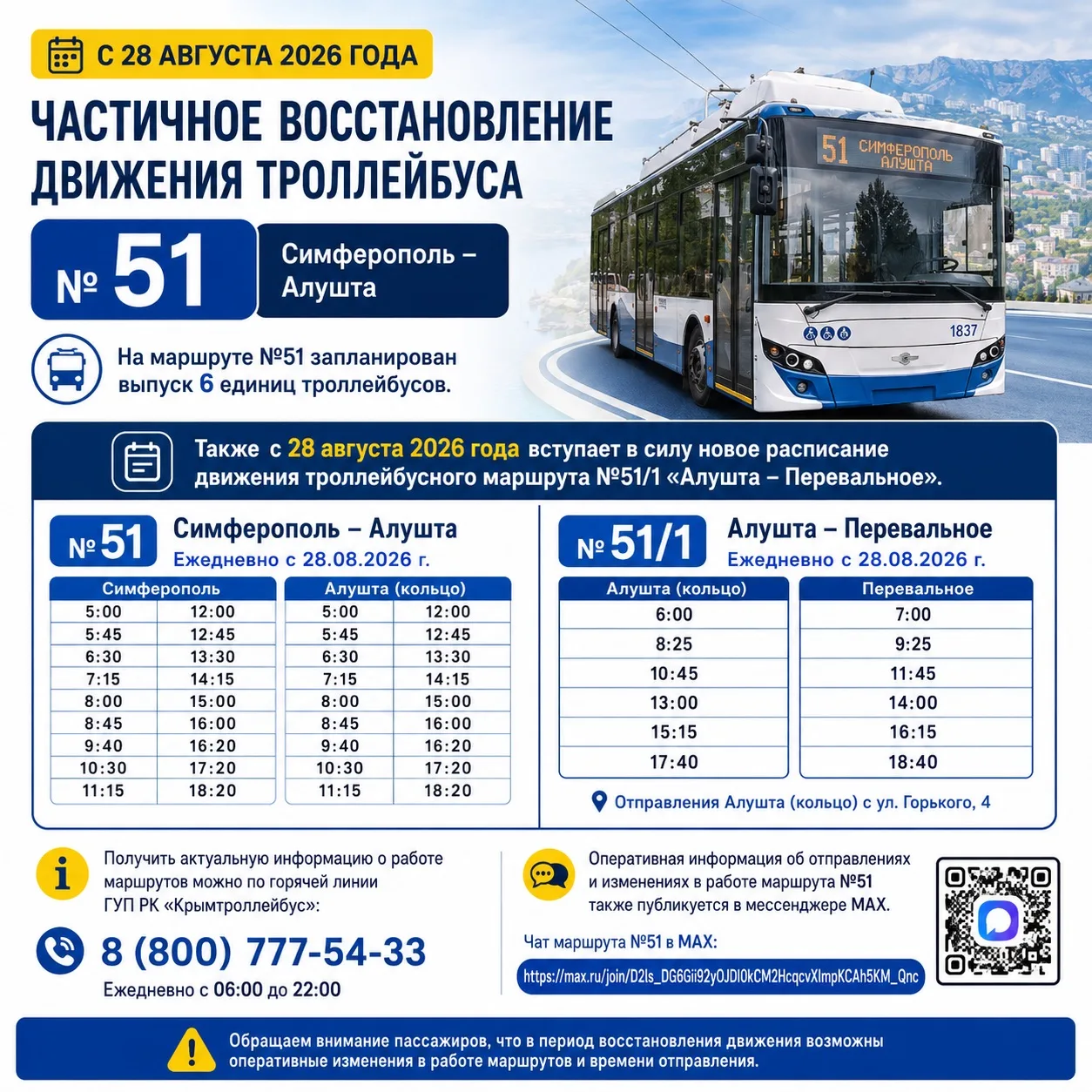 🟨🚎 Частичное восстановление движения троллейбусного маршрута №51