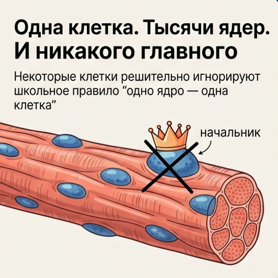 Вроде как подразумевающаяся школьная догма про «одна клетка — одно ядро» очень быстро разбивается, к