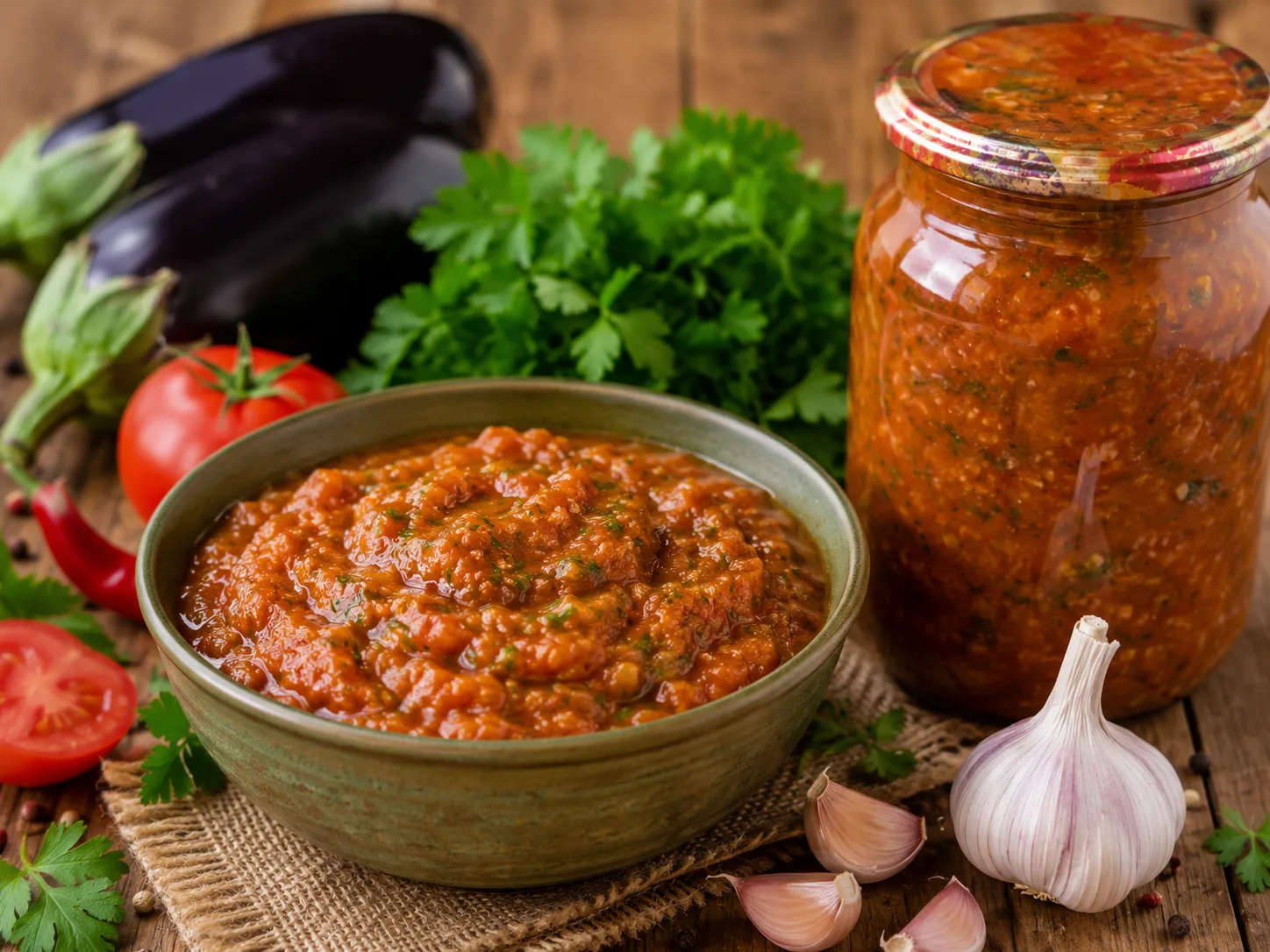 Соус из баклажанов и томатов

Ароматный домашний соус с насыщенным вкусом запечённых баклажанов, спе