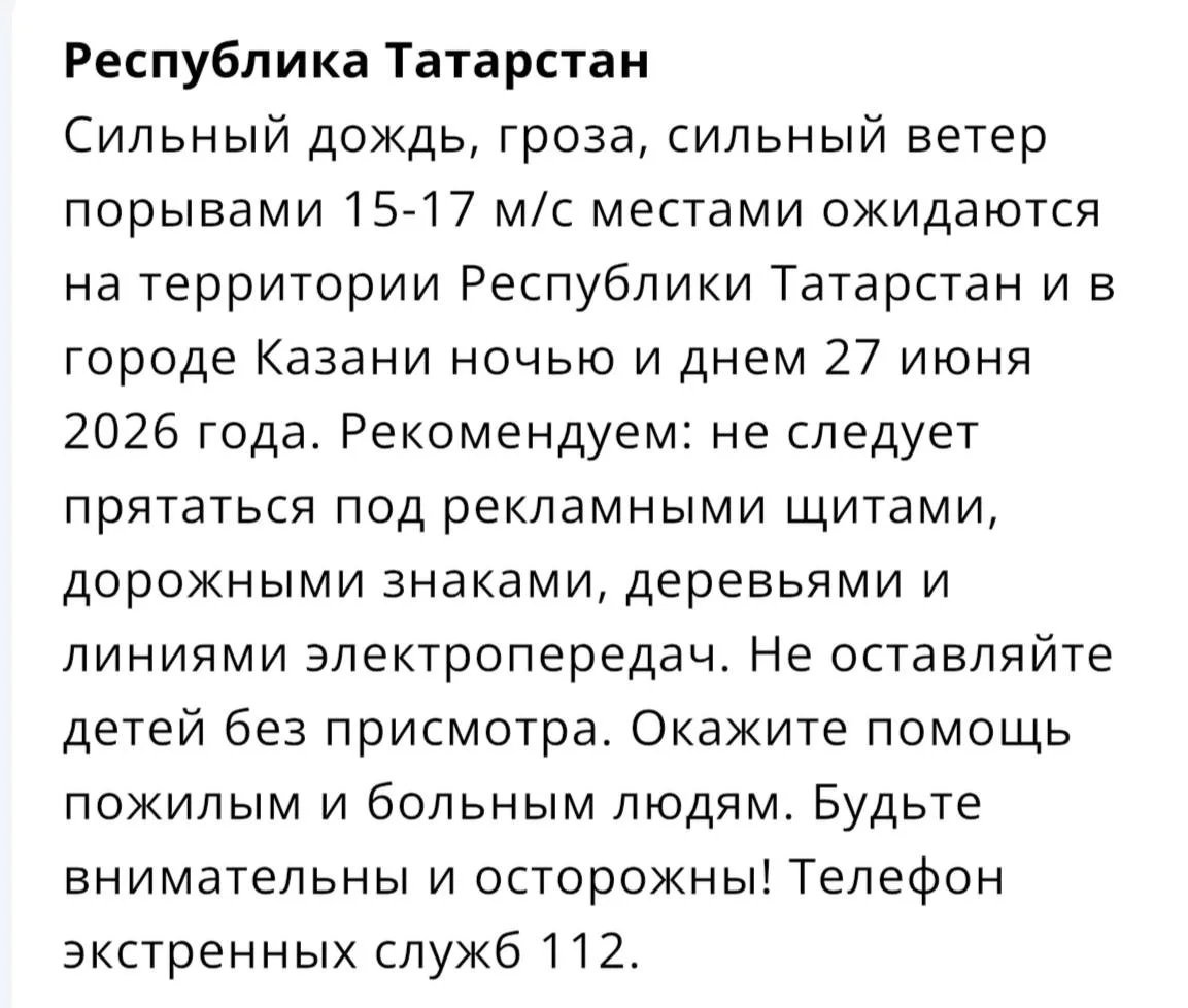 ⛈️ Жителей РТ предупредили о грозе, сильном ветре и ливнях 27 июня.