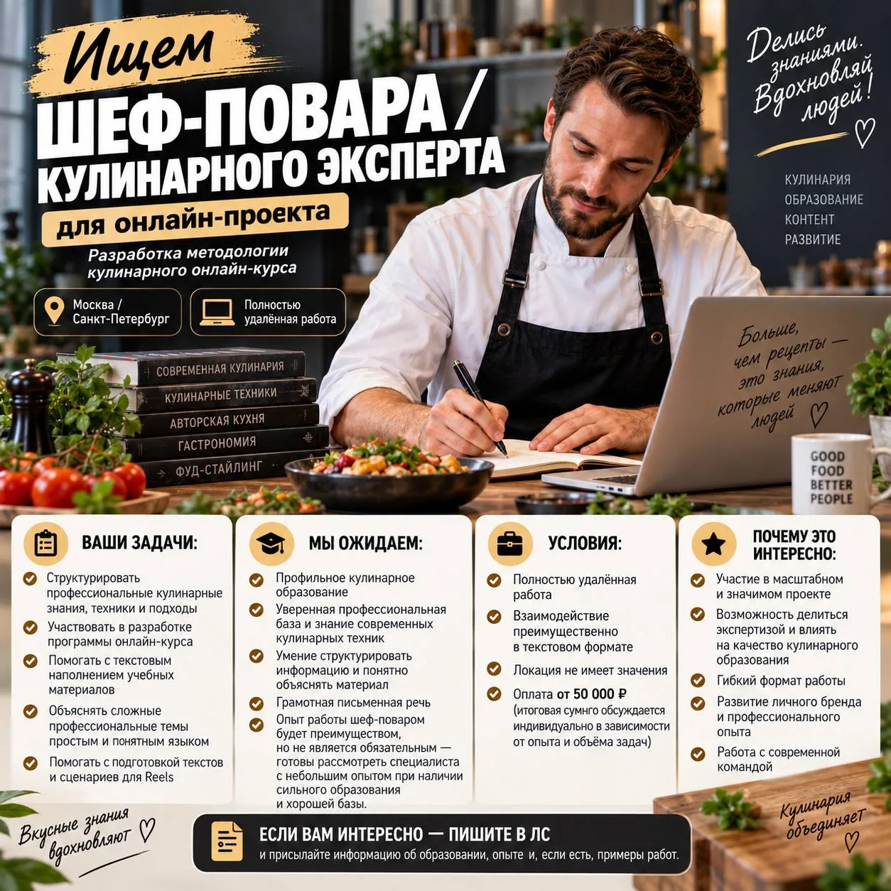 ШЕФ-ПОВАР / КУЛИНАРНЫЙ ЭКСПЕРТ ДЛЯ ОНЛАЙН ПРОЕКТА