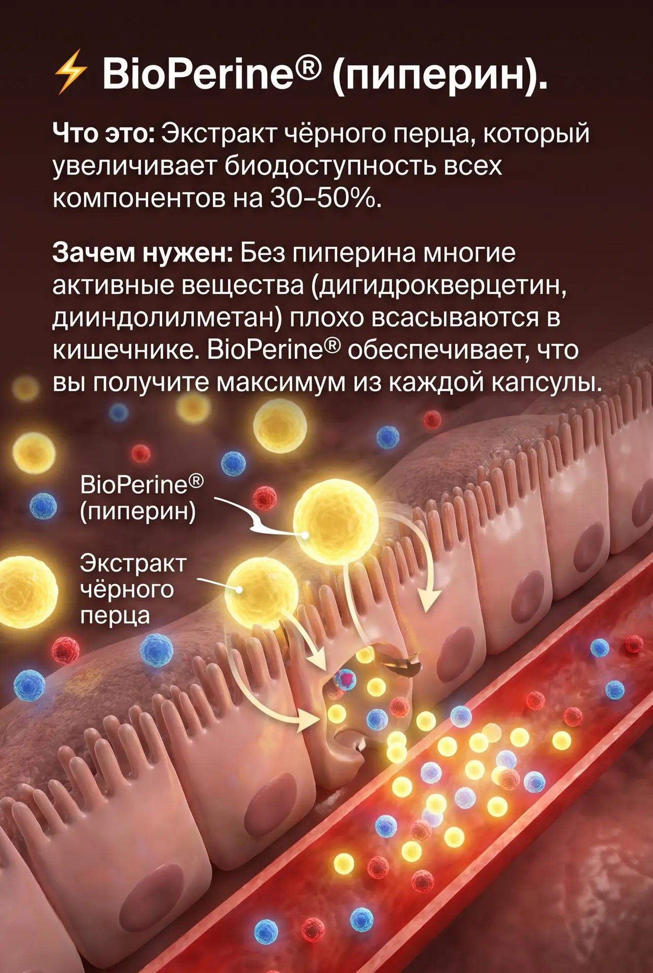 7️⃣⚡ BioPerine® (пиперин)

❓Что это: 

Экстракт чёрного перца, который увеличивает биодоступность вс