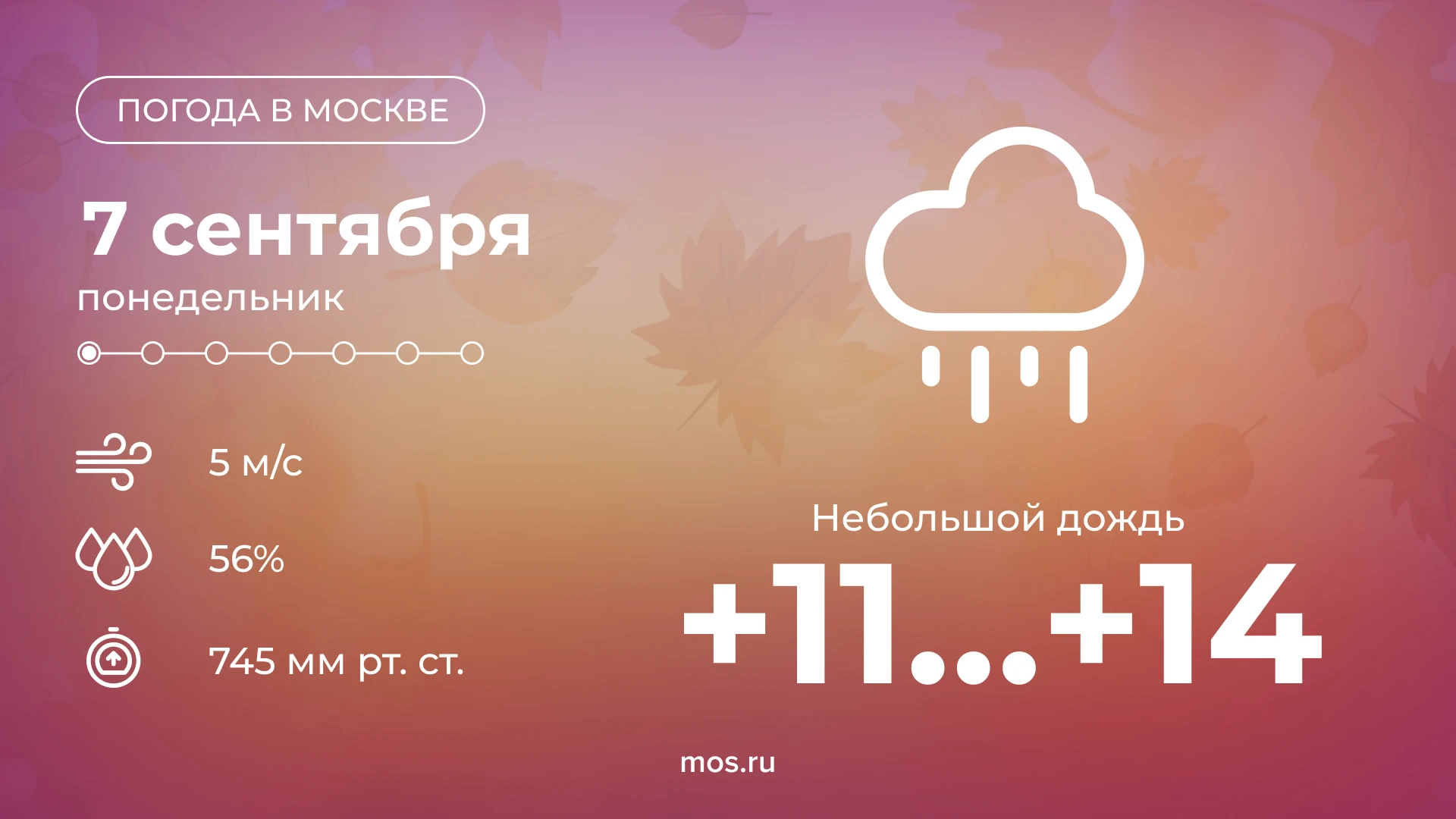 🌧 Доброе утро! Сегодня в столице будет пасмурно, возможен небольшой дождь. Температура...