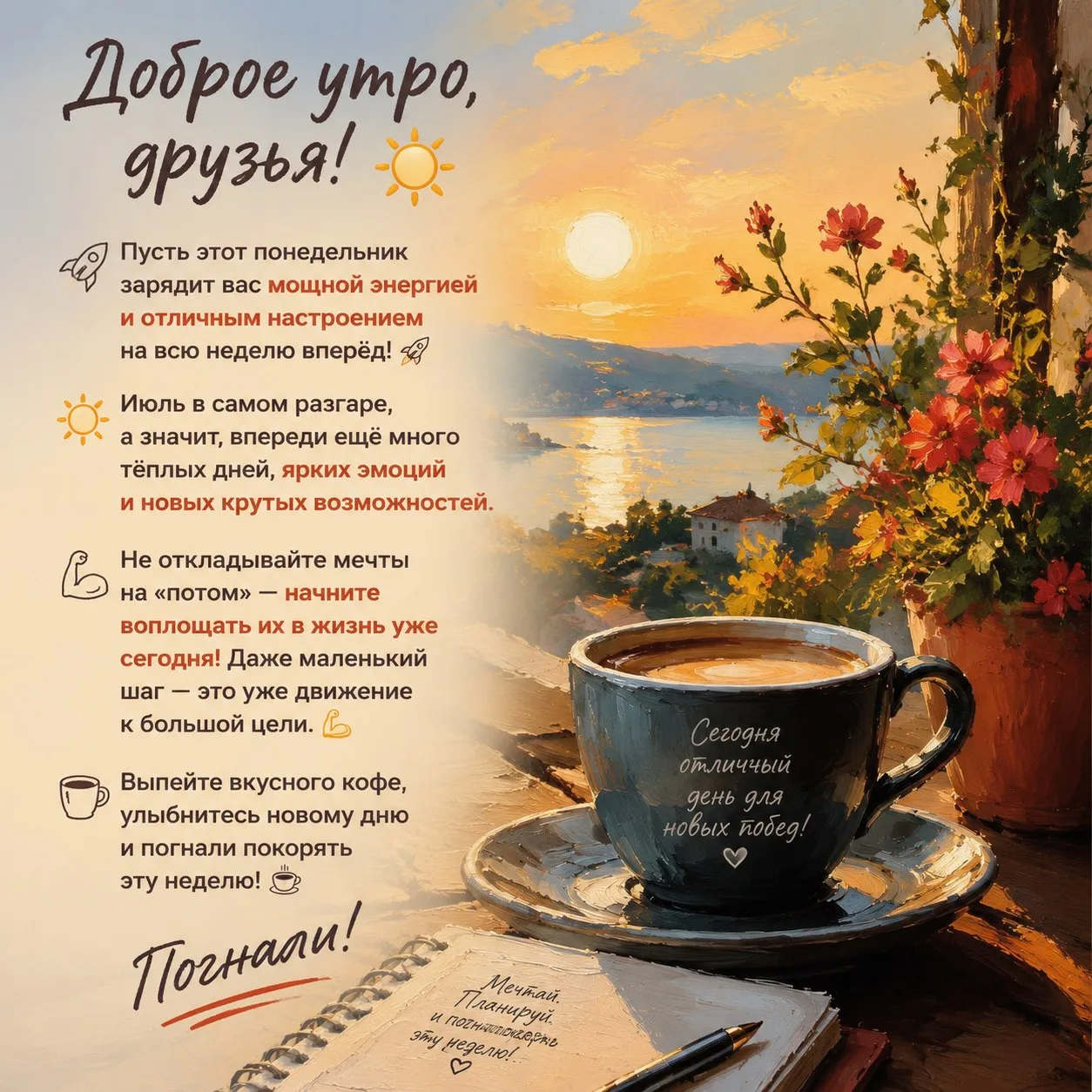 Доброе утро, друзья! ☀️

Пусть этот день начнётся с правильной ноты: с вкусного кофе, искренней улыб