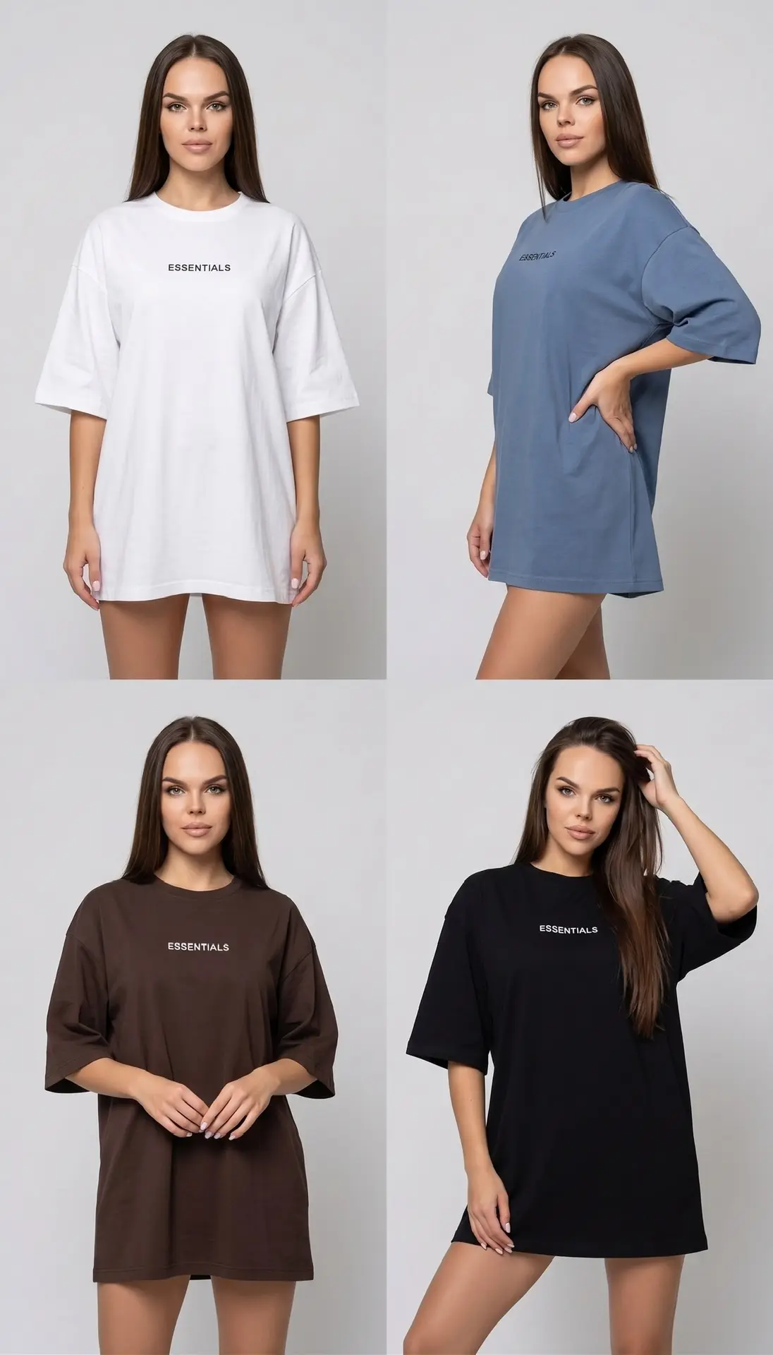 Фотореалистичный fashion-коллаж из 4 кадров в формате 2x2, студийная съёмка одной и той же стройной 