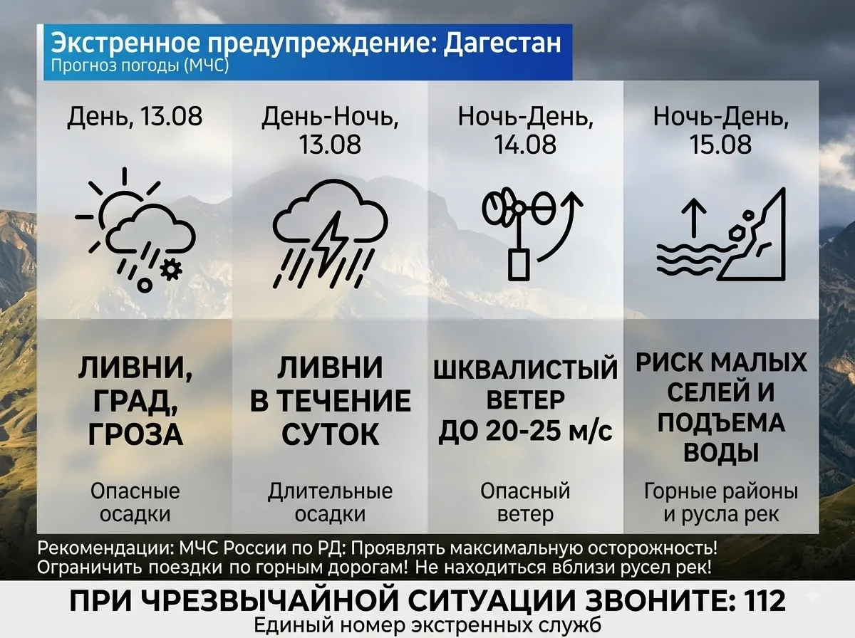 ⚡️ Штормовой ветер, ливни и сели: в Дагестане объявлено экстренное предупреждение