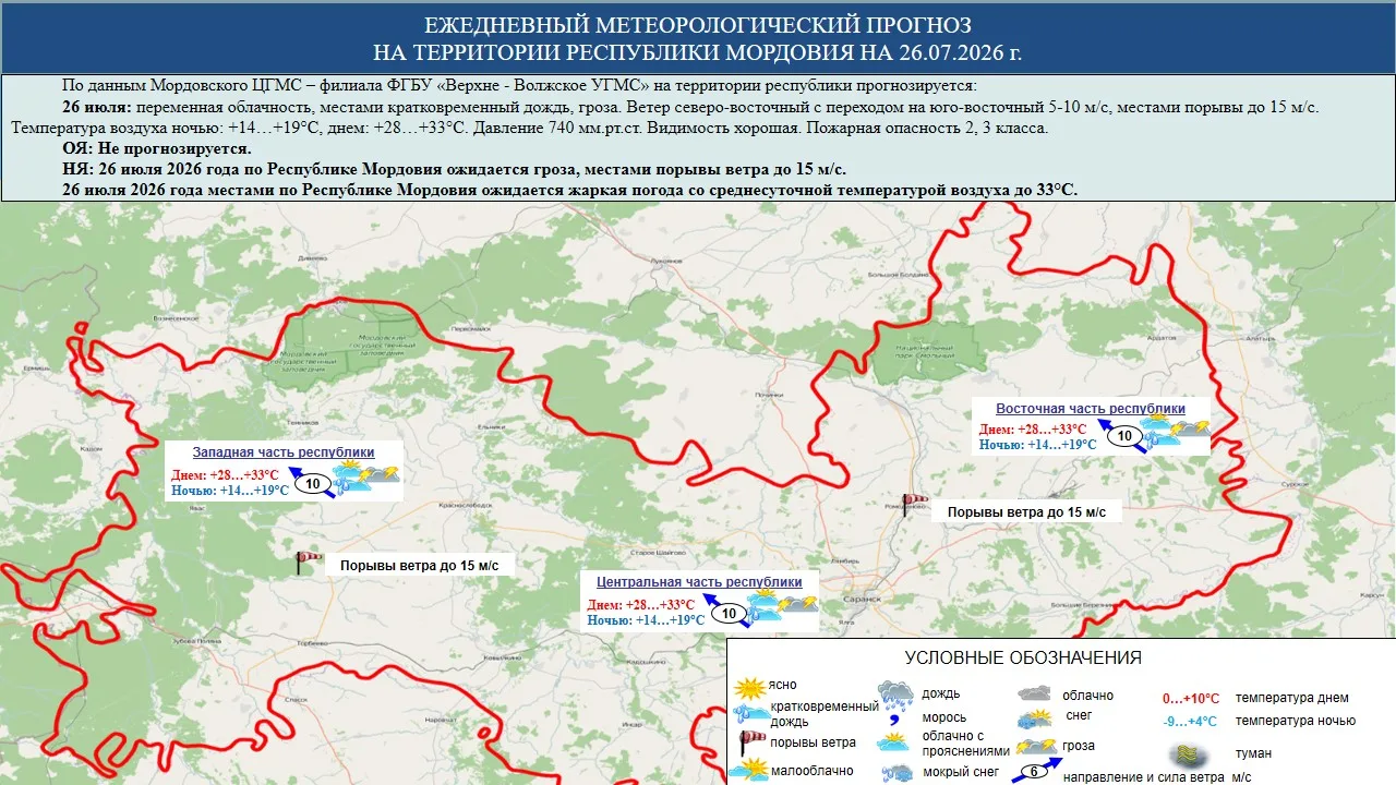 ⛈ 26 июля в Мордовии переменная облачность, местами кратковременный дождь, гроза. Ветер северо-восто