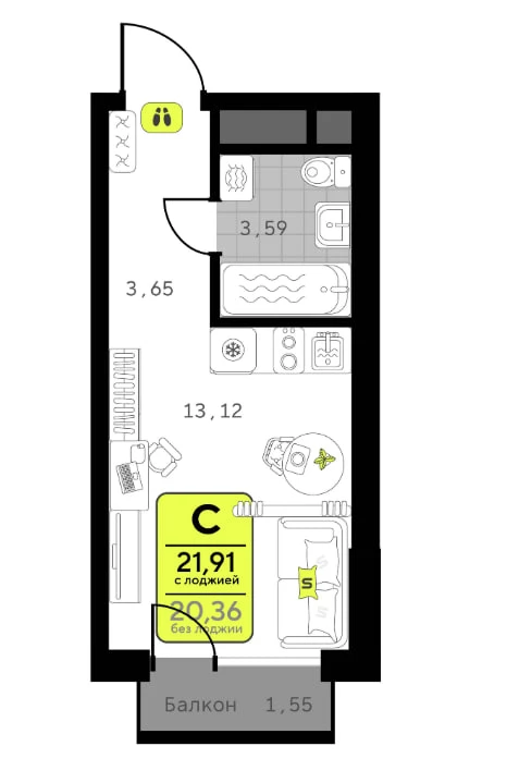 ✔️ Студия 20,36м², 14 этаж