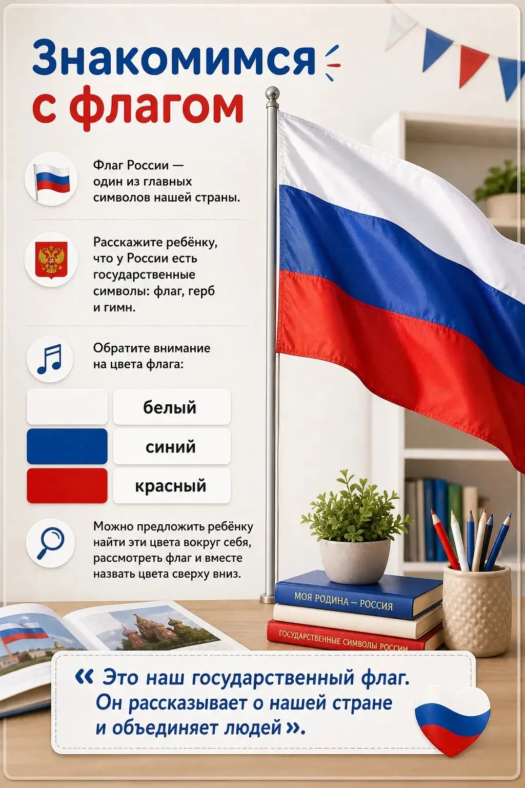 🇷🇺Белый, синий, красный. Разговоры о важном: как говорить с дошкольником о флаге России.