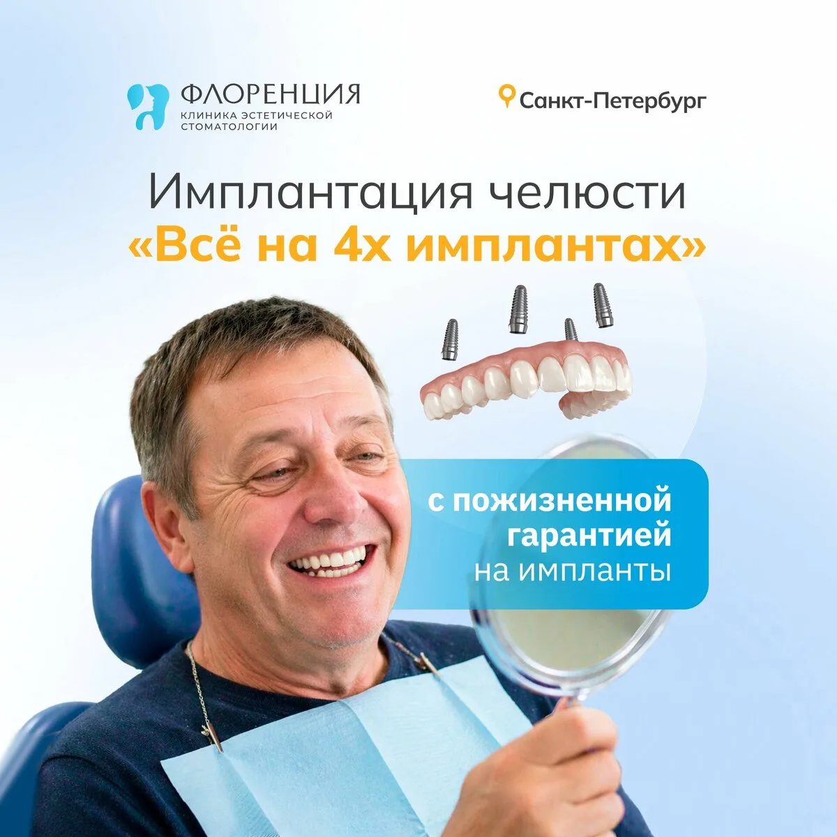 Имплантация всей челюсти "Всё на 4х имплантах" в СПб!
