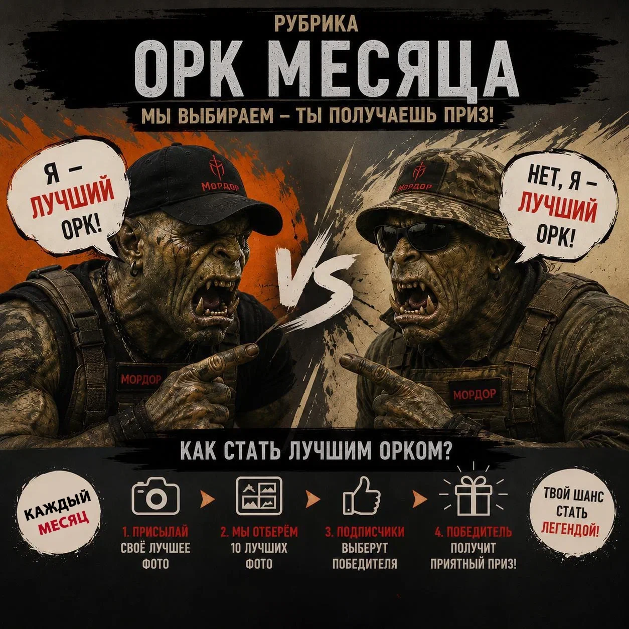 🔥 Запускаем новую рубрику!

Каждый месяц мы будем выбирать 10 лучших фотографий наших Орков Мордора