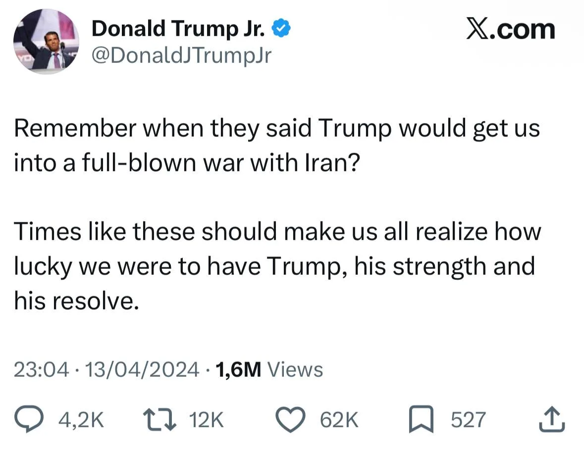 "Помните, как они говорили, будто Трамп вгонит нас в полномасштабную войну с Ираном? Времена, как се
