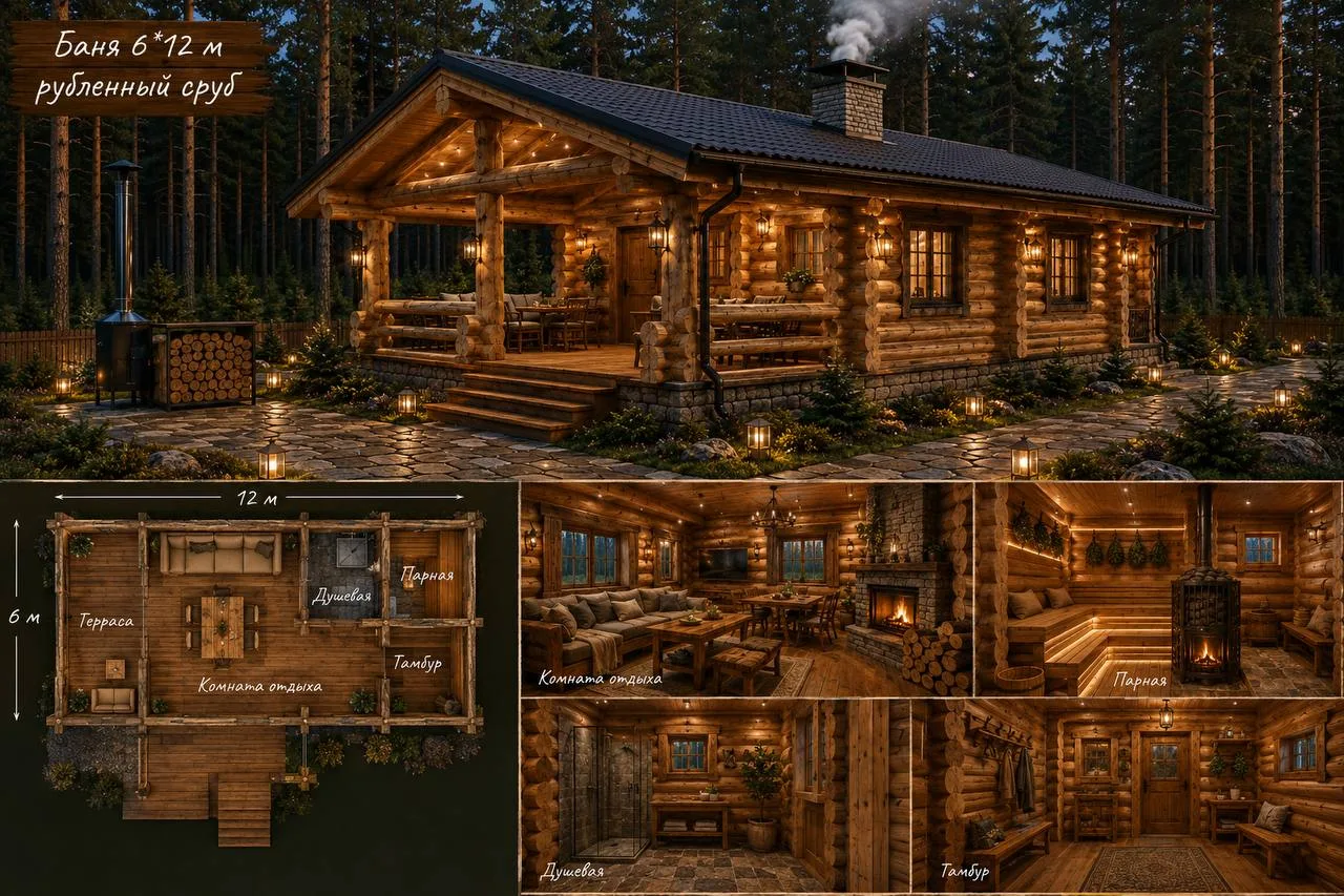 🌲 Баня из рубленного бревна 6×12 — место, где хочется остаться подольше