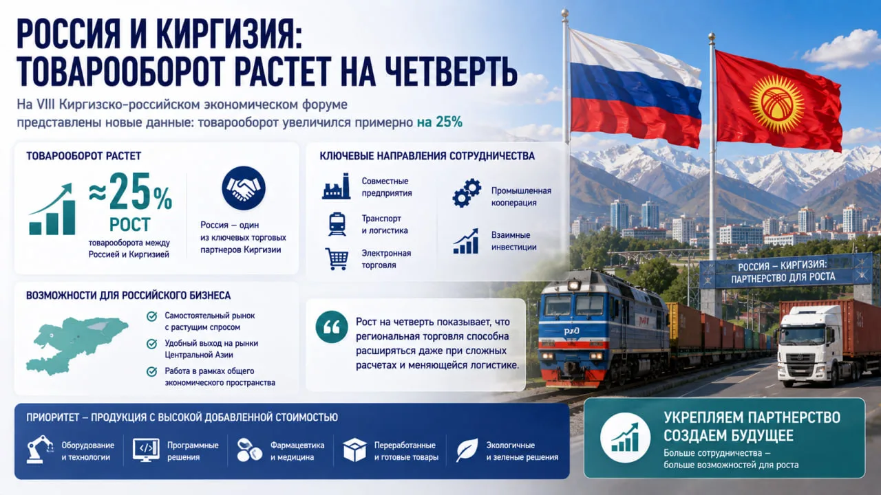 Товарооборот между Россией и Киргизией увеличился примерно на 25%. Новые данные представили на VIII 