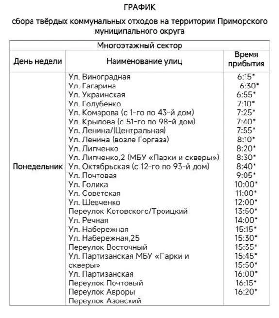ГУП "ЭКОЛОГИЯРЕСУРС" ПРЕДСТАВЛЯЕТ ВНИМАНИЮ ЖИТЕЛЕЙ ПРИМОРСКА И  НАСЕЛЕННЫХ ПУНКТОВ ОКРУГА ГРАФИК ВЫВ