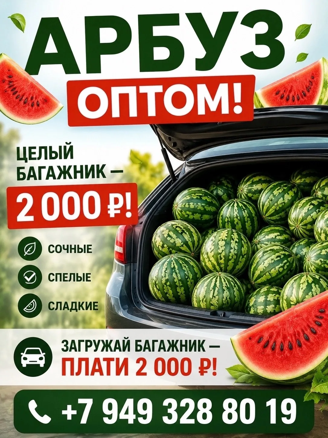 Арбуз ОПТ цена 5р, либо полный багажник за 2000р. +79493201939, 79493288019