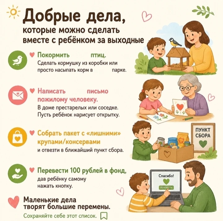 «5 добрых дел, которые можно сделать вместе с ребёнком за выходные»

🍀 Покормить птиц. Сделать корм