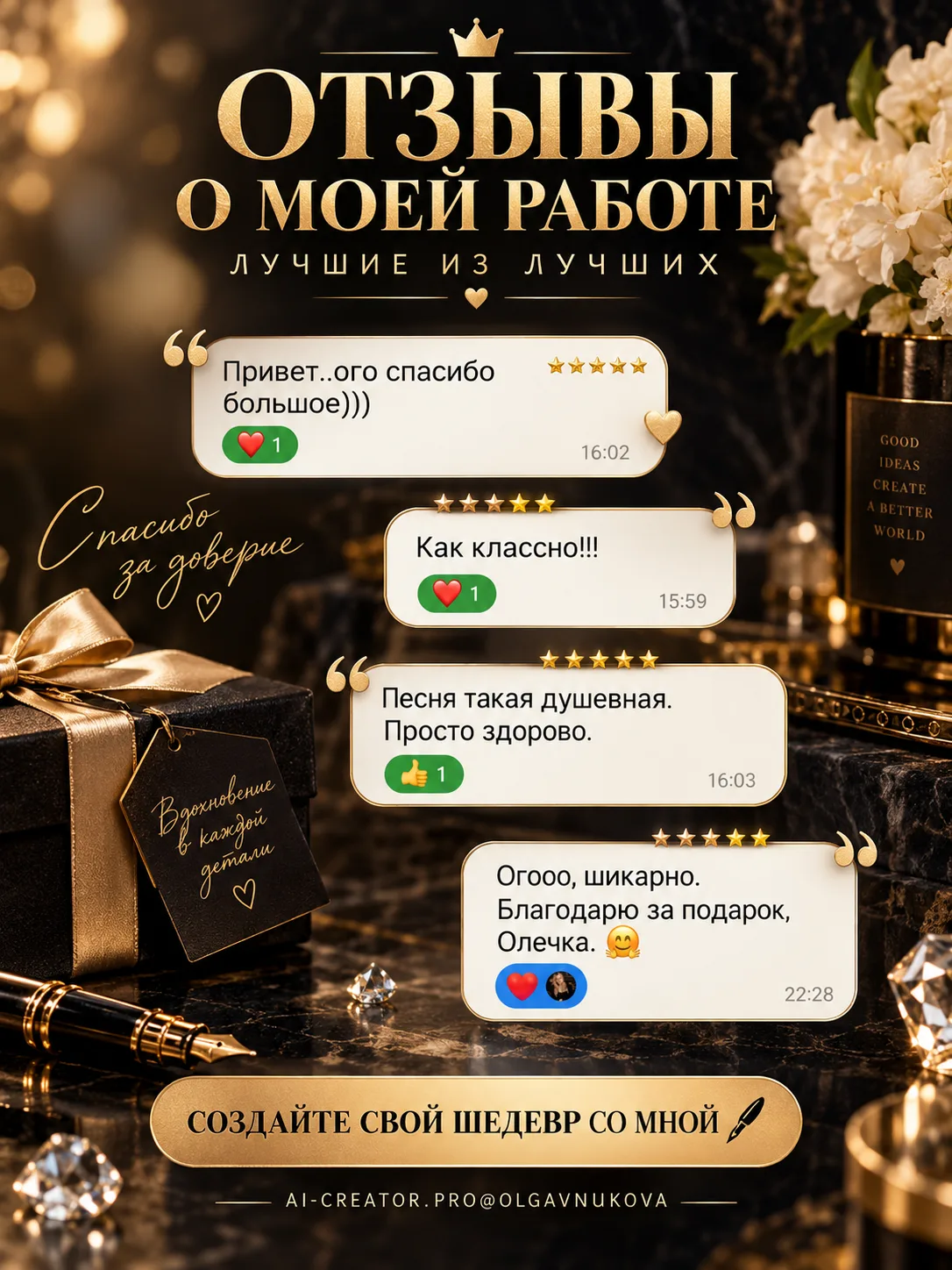 Самые дорогие моменты в работе — это ваши живые эмоции и теплые слова в ответ ✨