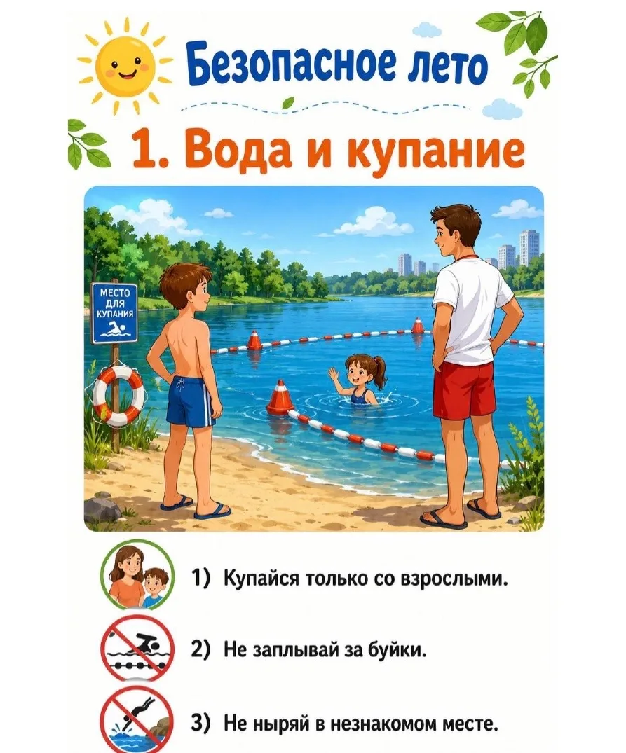 Безопасное лето на воде! 🌊☀️🏖️

Вода — это радость и прохлада, но она требует осторожности. Напоми