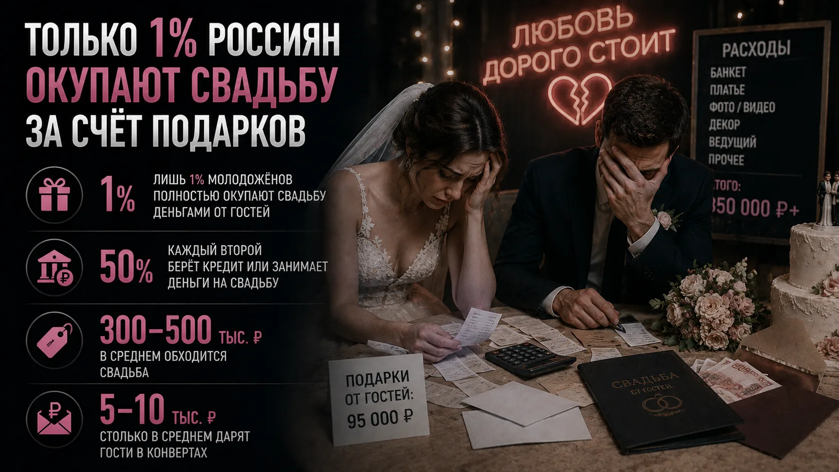 💍 Только 1% россиян окупают свадьбу за счёт подарков

По данным опроса, лишь 1% молодожёнов полност