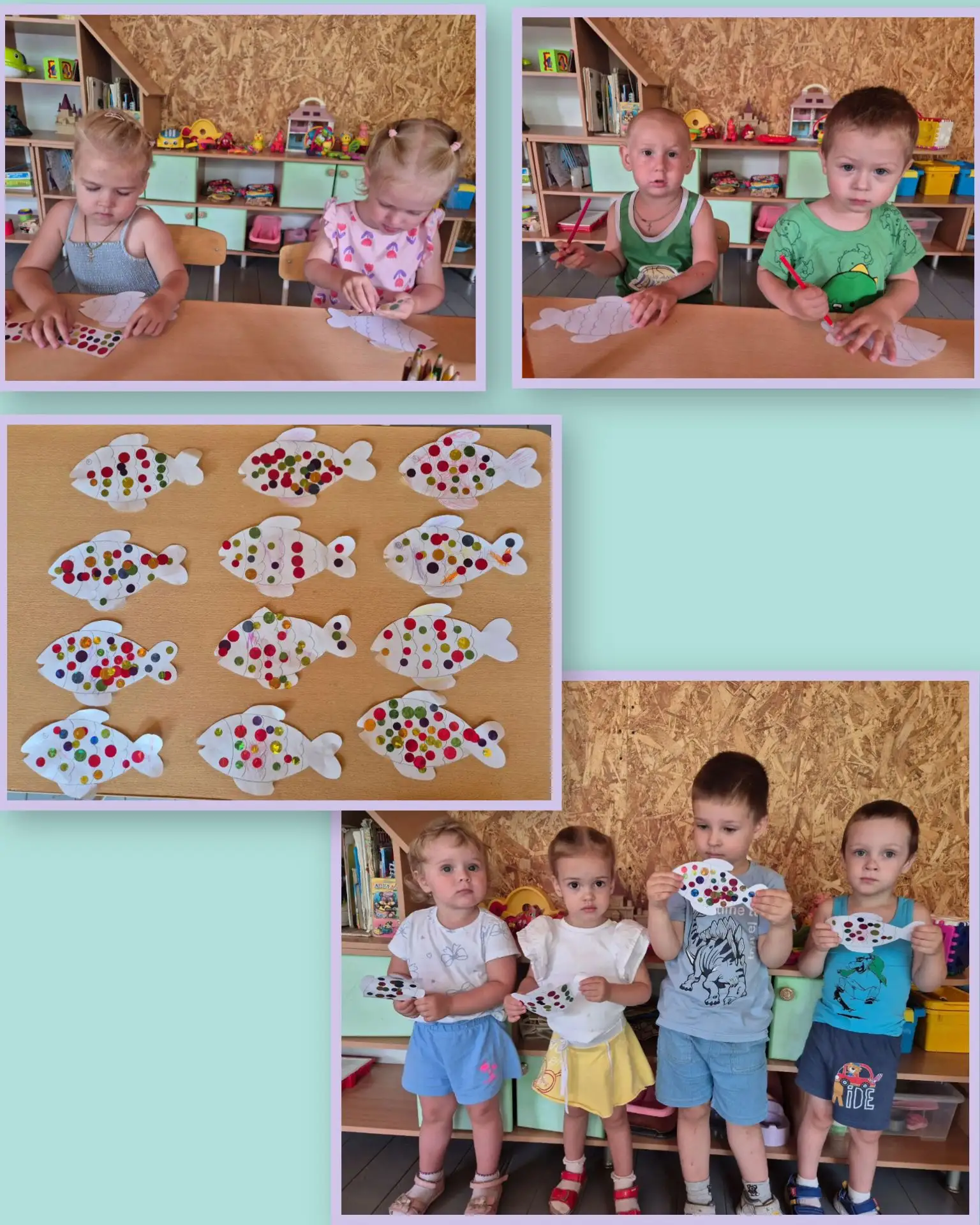 Аппликация в первой младшей группе 
"Чешуя для рыбки".
Задачи: познакомить с базовыми понятиями (у р