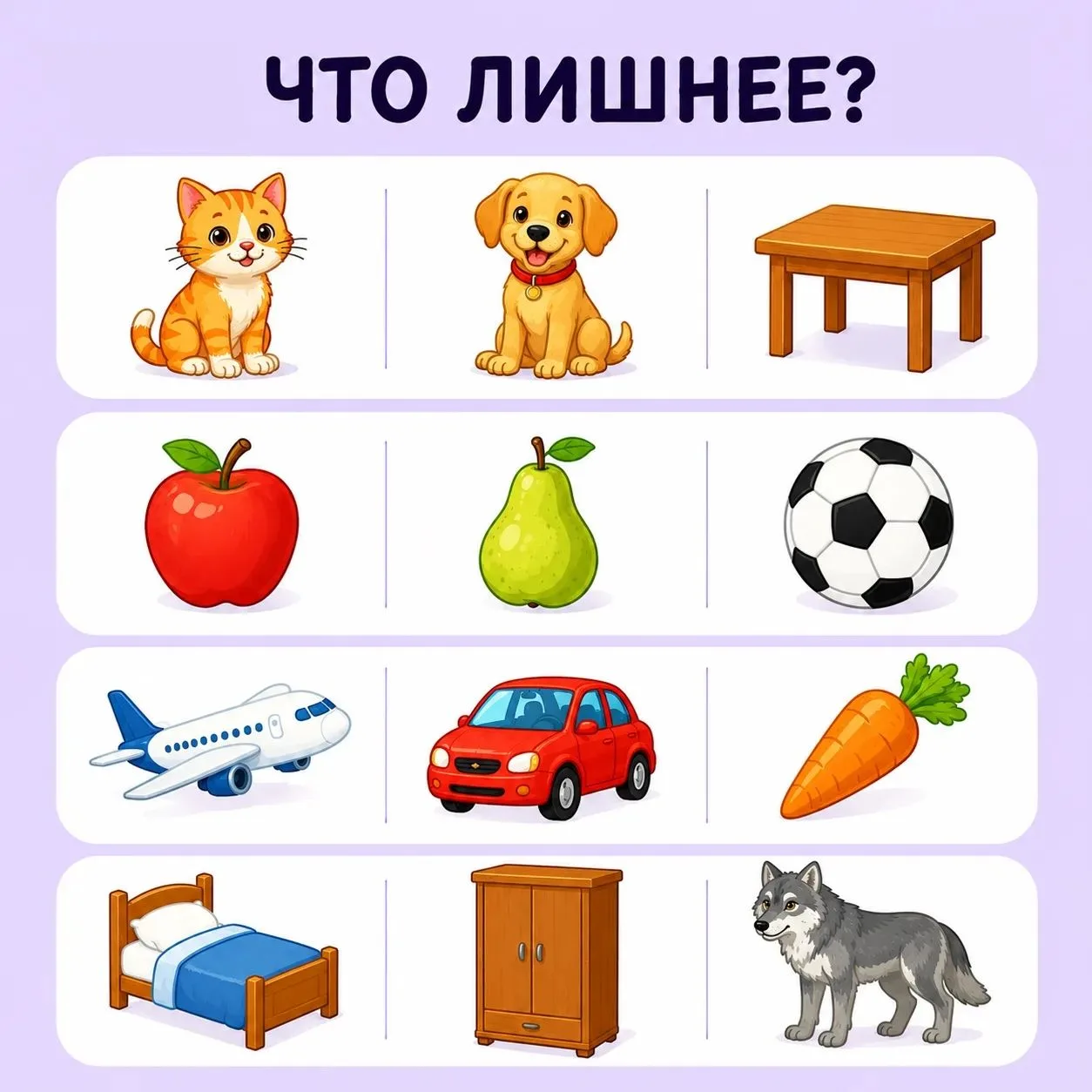 "Разминка для ума"
Покажите карточку своим малышам и пускай они выберут лишнее в ряду. А если возник