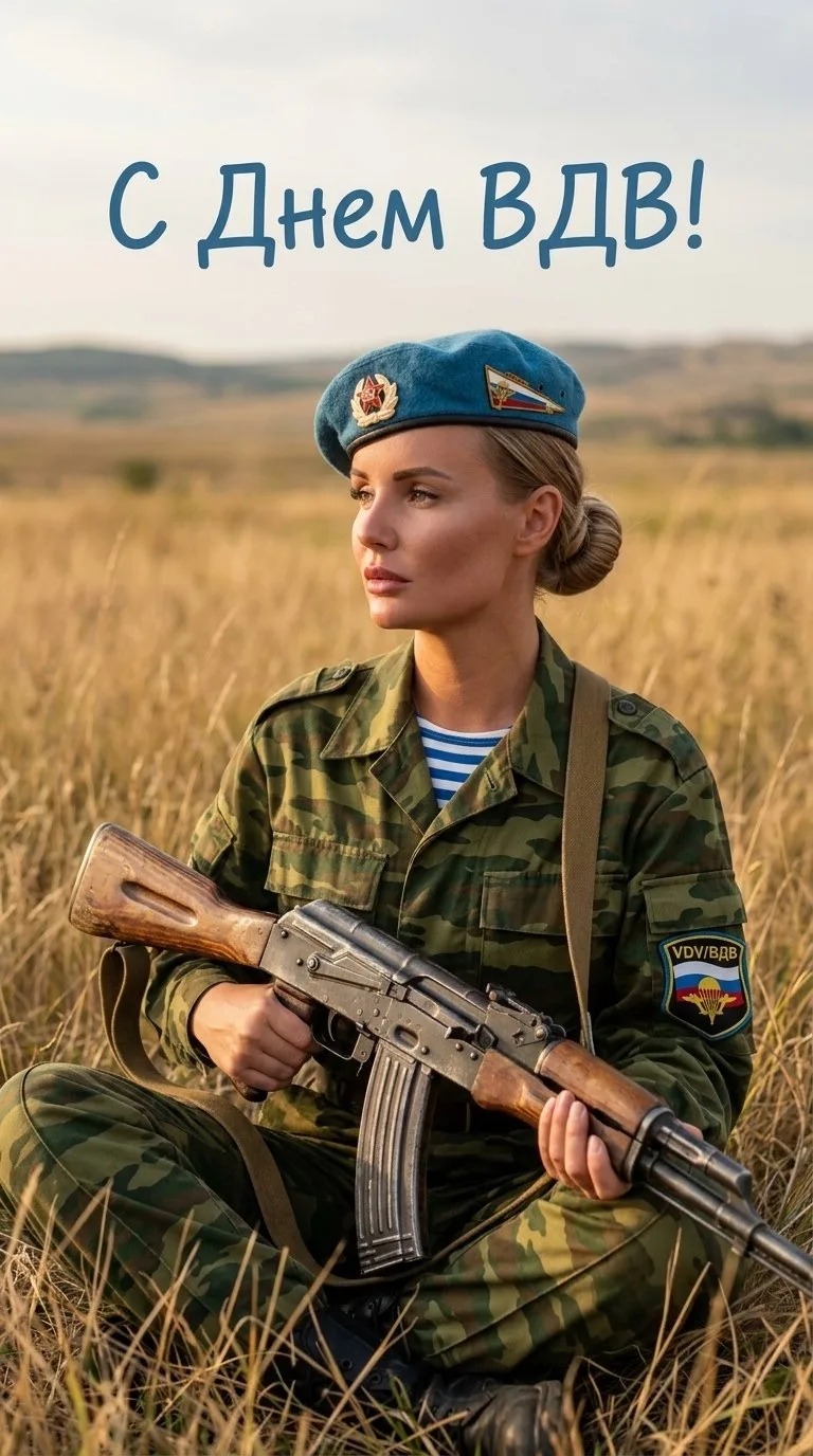 Создай портрет, не меняя черты лица. Портрет девушки-военнослужащей ВДВ России в поле п...