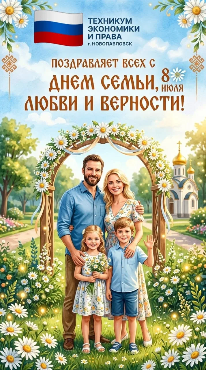 Техникум экономики и права г. Новопавловск поздравляет всех с Днём семьи, любви и верности!

Пусть в