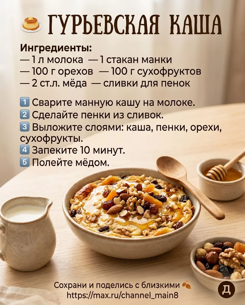 🍮 Гурьевская каша — десерт, который готовили в дворянских усадьбах