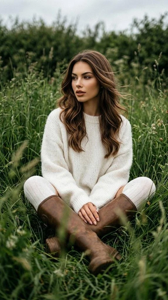 Дикая нежность 🖤  Не меняя внешности. Девушка сидит в высокой зелёной травеОдета в молочный пушистый
