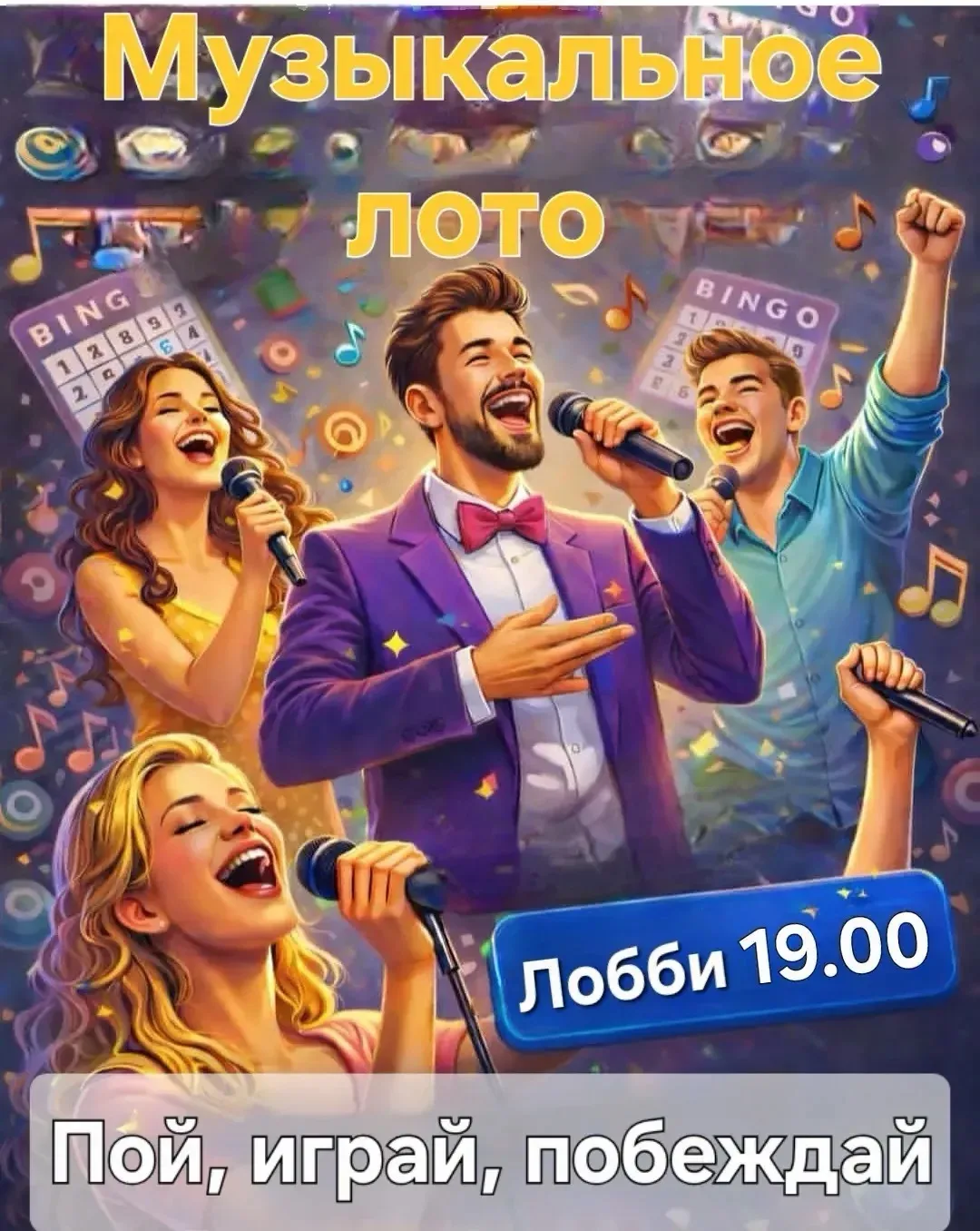 Кто любит песни и не прочь выиграть приз?😉
В 19.00 в лобби —
 🎼МУЗЫКАЛЬНОЕ 
ЛОТО 🎤
Приходите петь