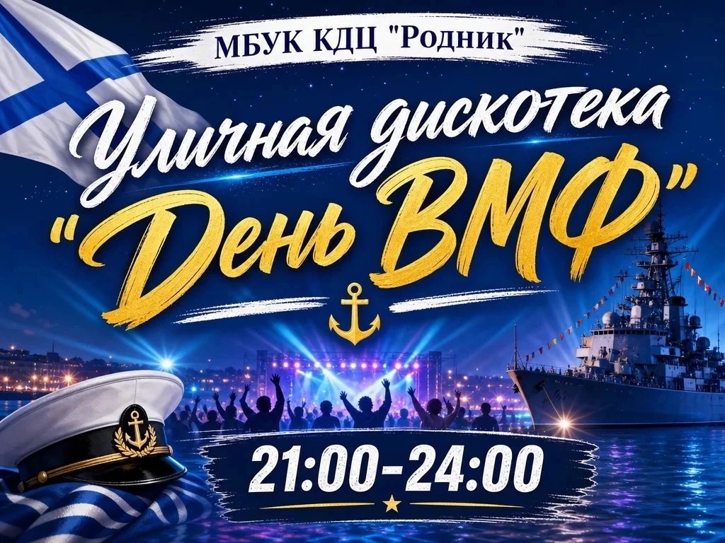 🎉 МБУК КДЦ «Родник» приглашает всех на уличную дискотеку «День ВМФ»!

🗓 Когда: 25 июля 2026 года
�