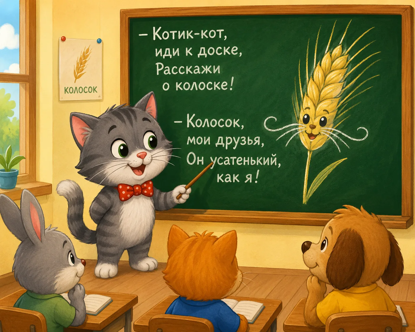 – Котик-кот, иди к доске, Расскажи о колоске! – Колосок, мои друзья, Он усатенький, как я! ( Г. Виер