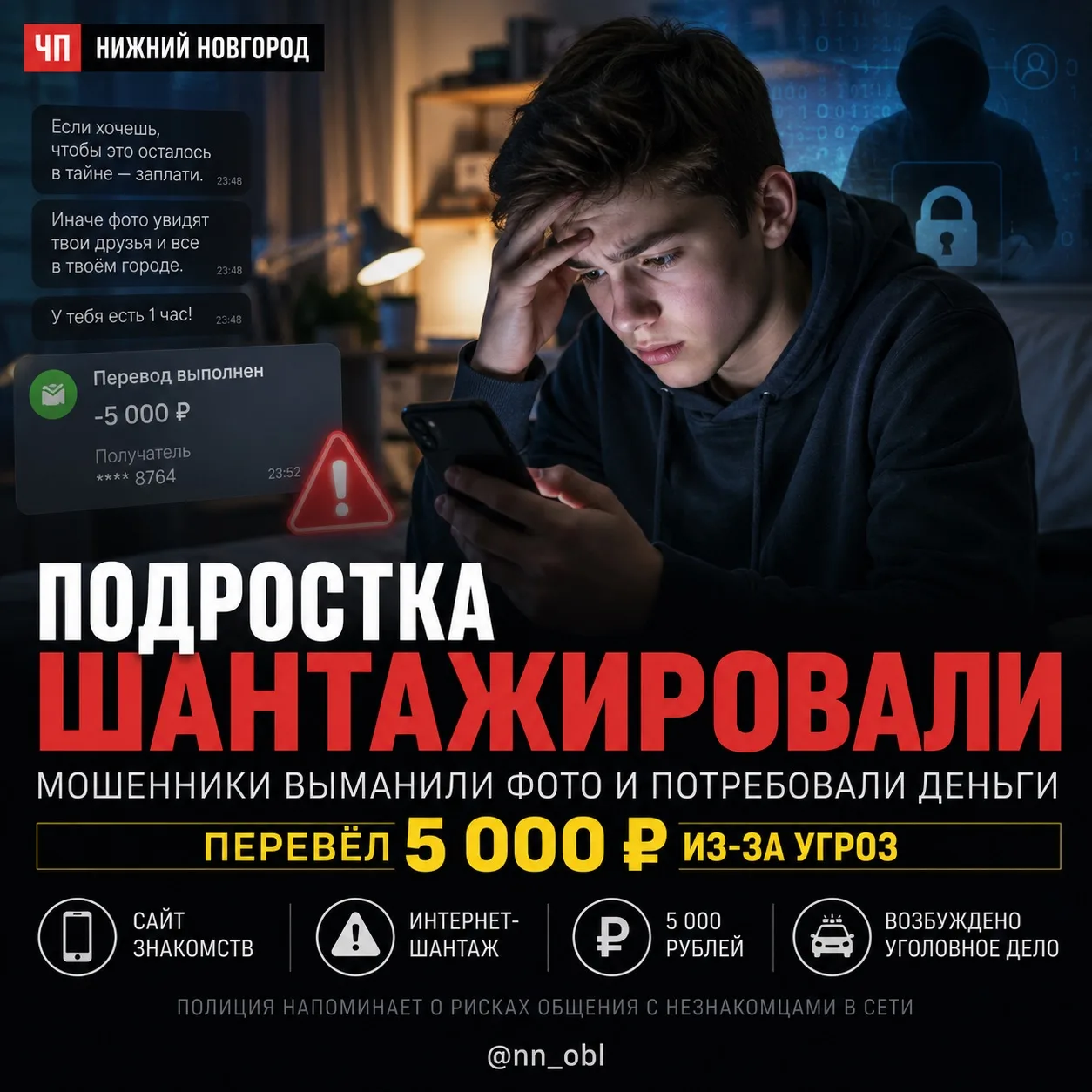 В Нижнем Новгороде мошенники выманили у подростка интимные фото и стали вымогать деньги.

В полицию 