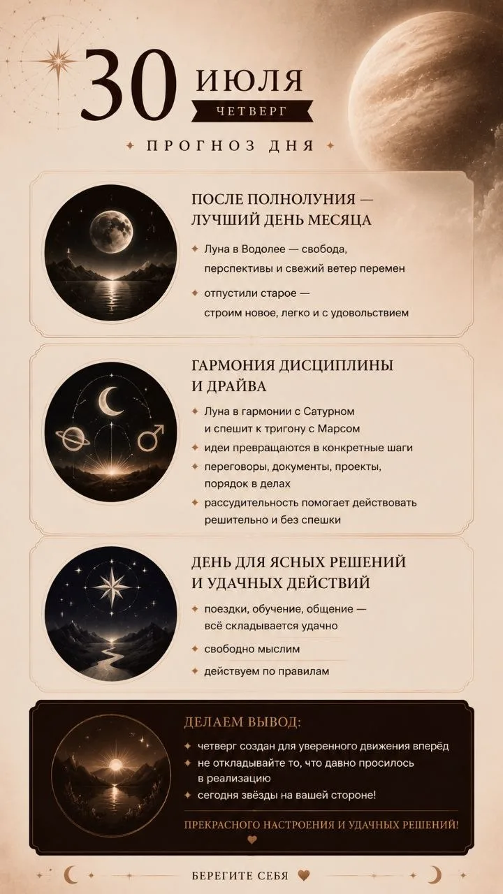 ПРОГНОЗ ДНЯ | 30 июля • четверг

📍 Друзья, после вчерашнего полнолуния наступает один из самых благ