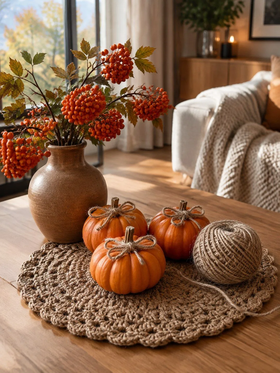 🎃🍁 Осенний декор без трат: рябина, тыква и моток джута