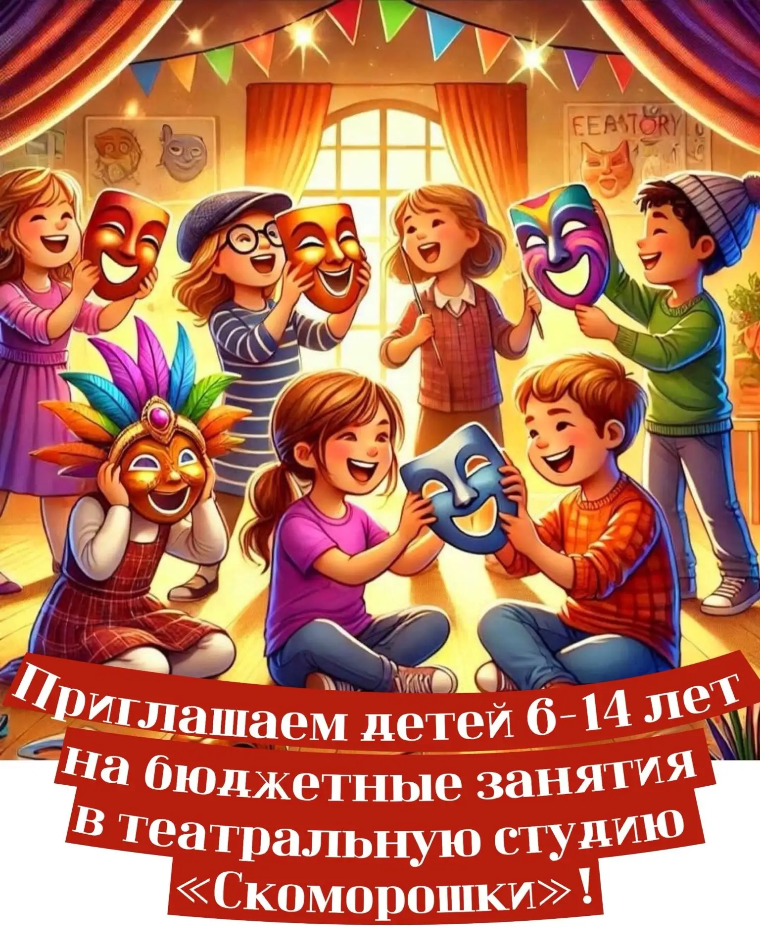 Приглашаем детей 6-14 лет на бюджетные занятия в театральную студию «Скоморошки»!