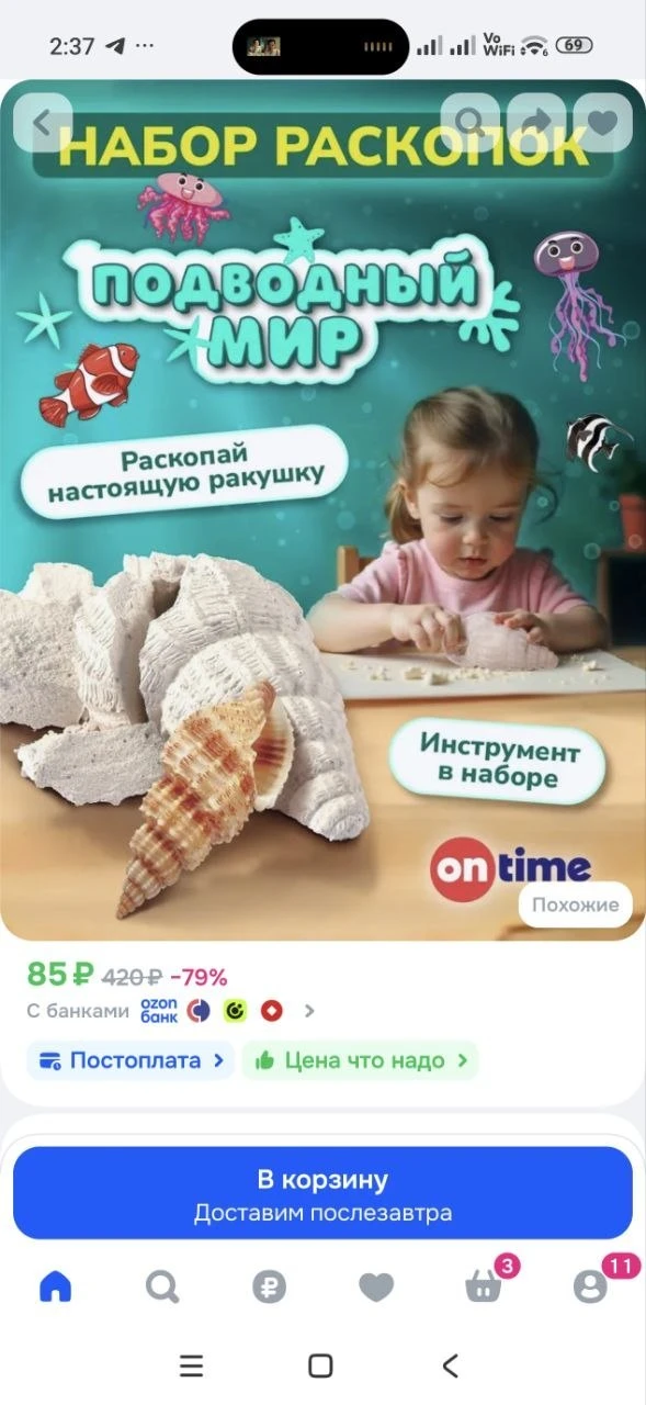 ON TIME Раскопки для детей ракушка , с фигуркой настоящей ракушки, 6+