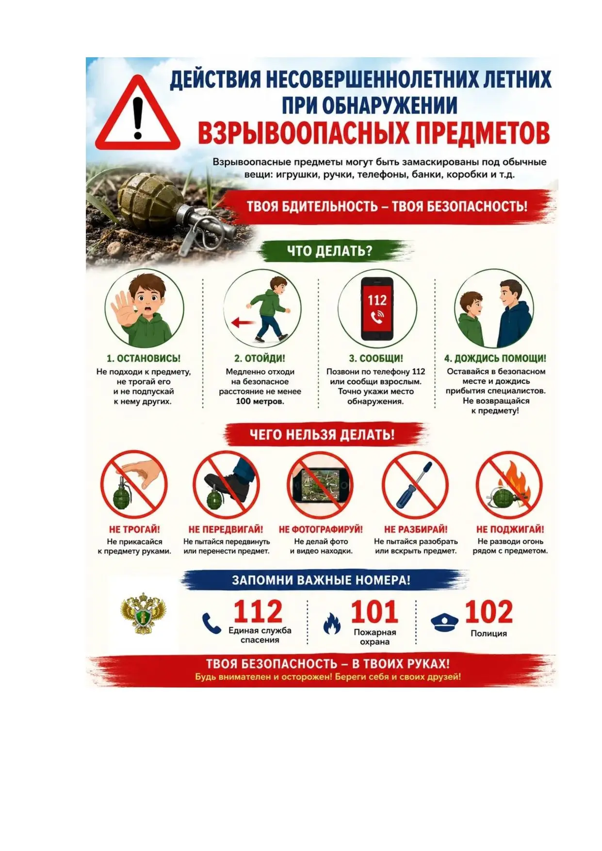 ‼️ПАМЯТКА‼️
Действие несовершеннолетних при обнаружении взрывоопасных предметов!