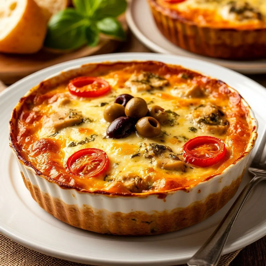 Запеканка с курицей, овощной смесью, зернёным творогом, оливками и расплавленной моцареллой.  ⏱️ Вре