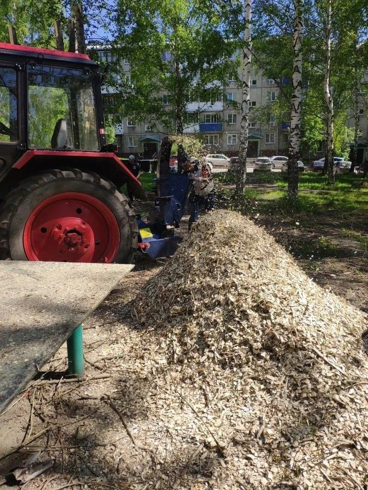 Измельчение веток в щепу после обрезки тополей.