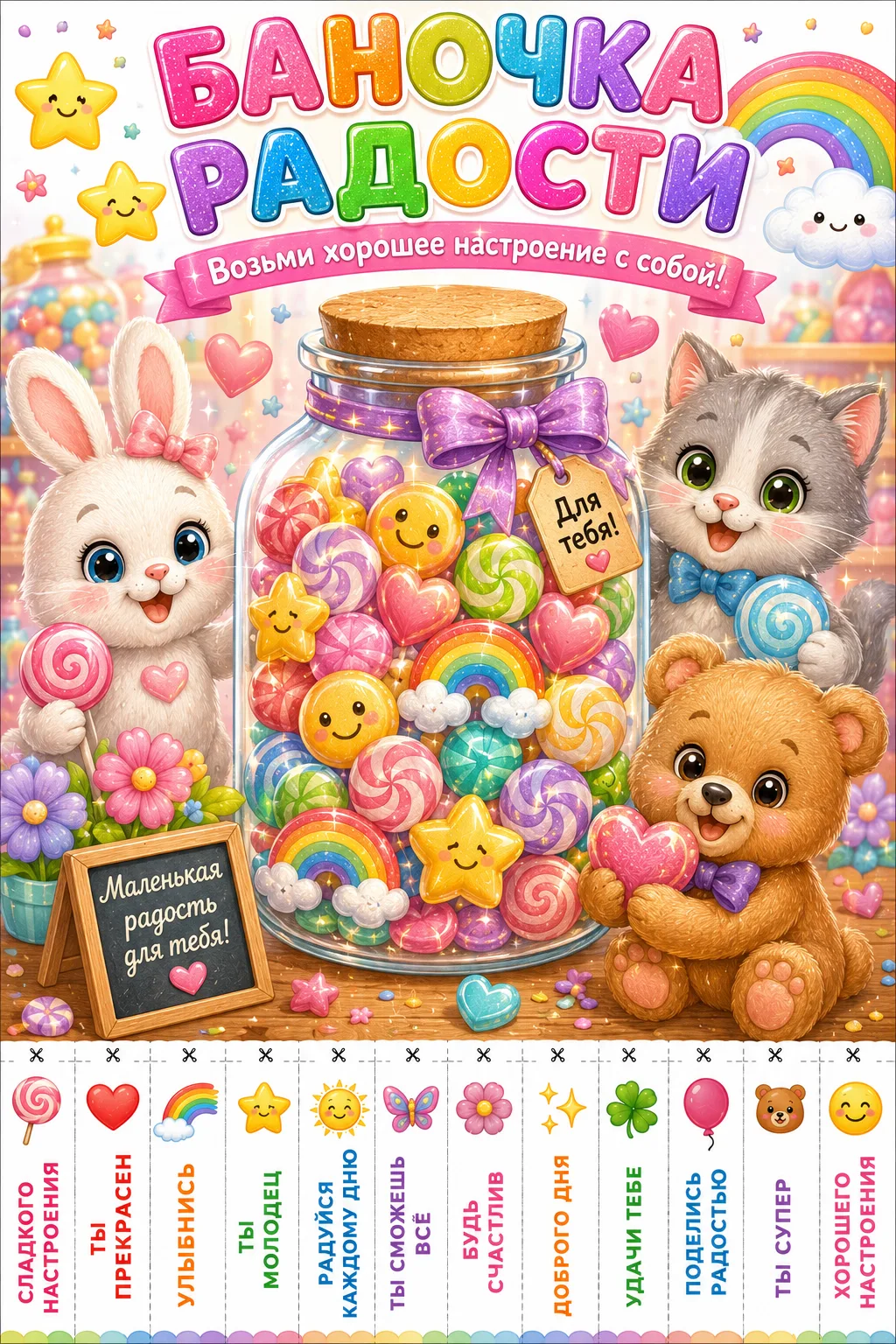 Подготовили серию ярких плакатов с отрывными пожеланиями🌈💛

Дети смогут взять улыбку, доброе слово