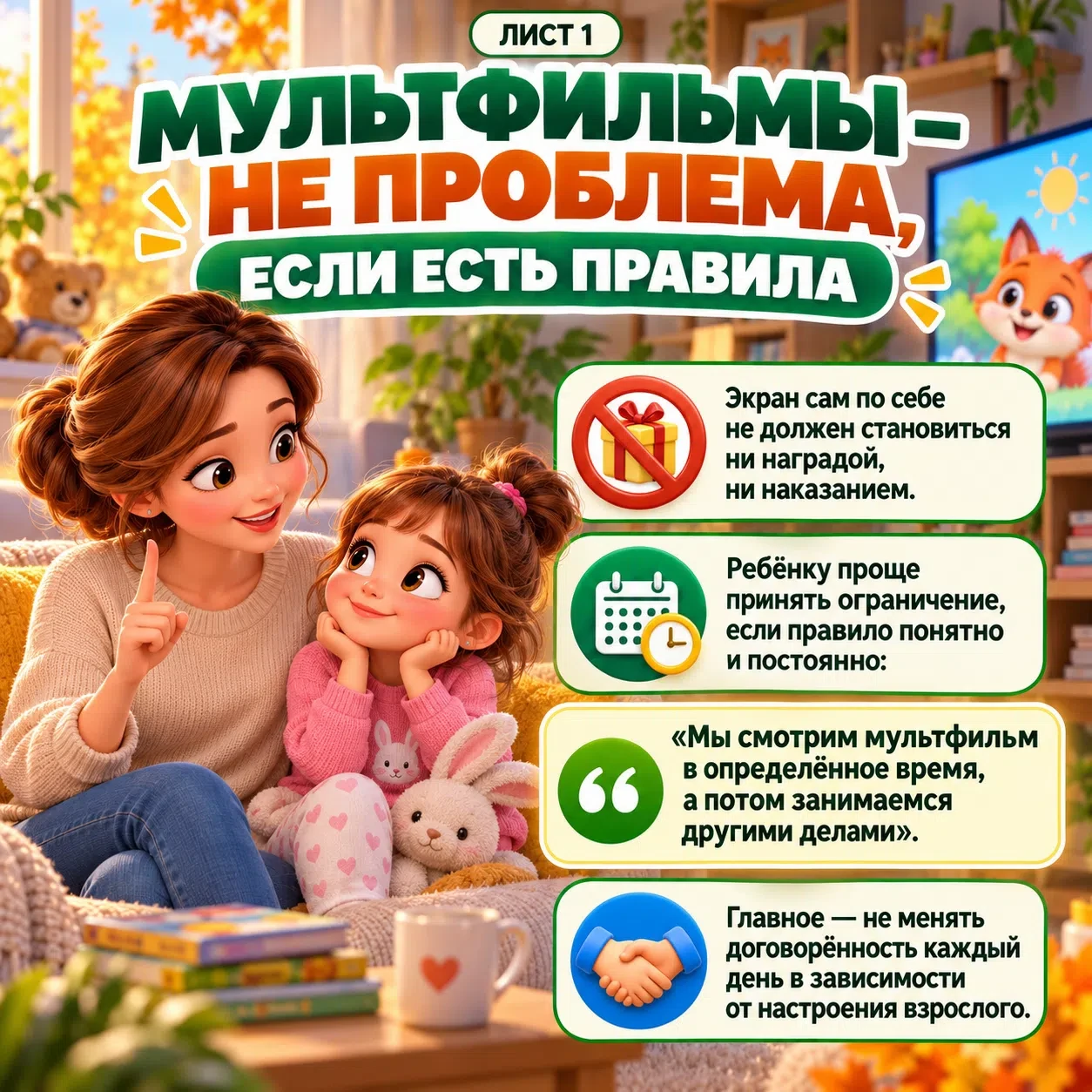 Мультфильмы могут быть частью дня ребёнка без постоянных споров и слёз 📺✨