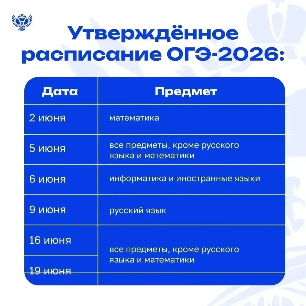 ✅ Утверждены единое расписание и период проведения ОГЭ и ЕГЭ в 2026 году