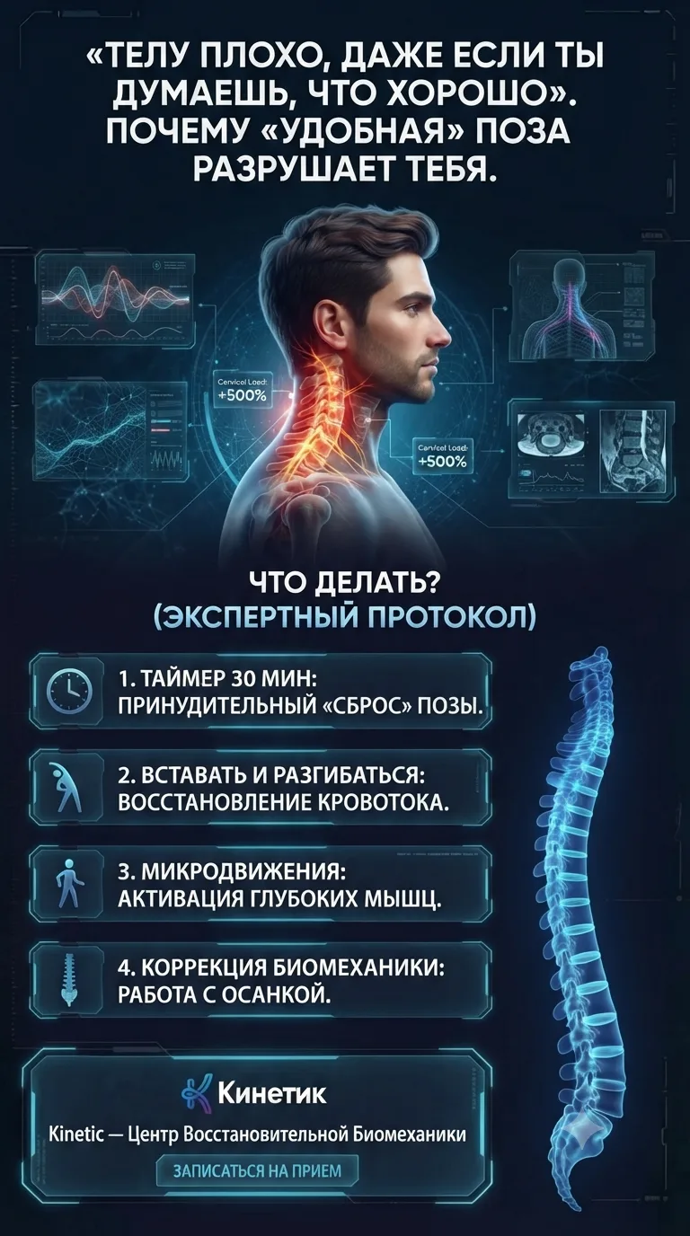 🧑‍💻 «Я СИЖУ УДОБНО». ТАК ДУМАЕТ ВАША СПИНА. И ЭТО ОПАСНО.

Вы сидите за столом, согнувшись над ком