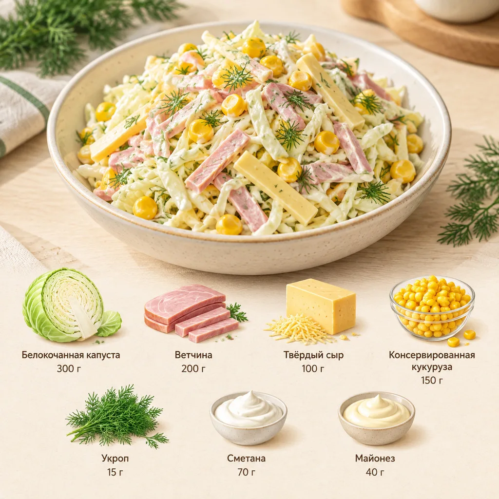 Салат с ветчиной, сыром и капустой 🤤