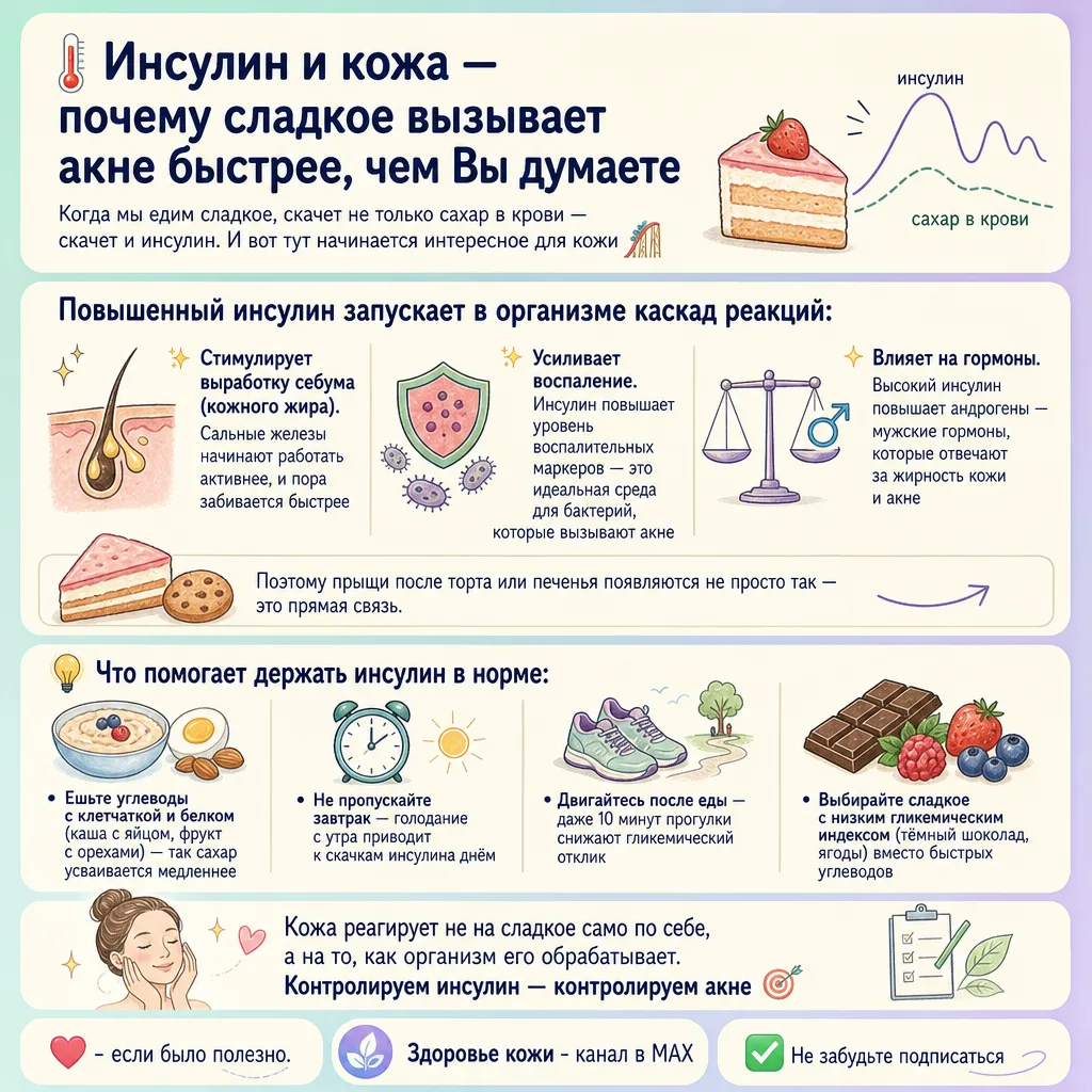 🌡️ Инсулин и кожа — почему сладкое вызывает акне быстрее, чем Вы думаете

Когда мы едим сладкое, ск