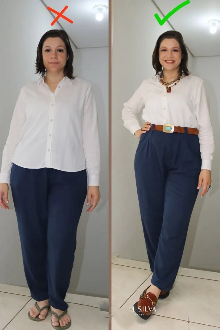 👖🥼 Белая рубашка + синие брюки: один комплект — две разные фигуры!