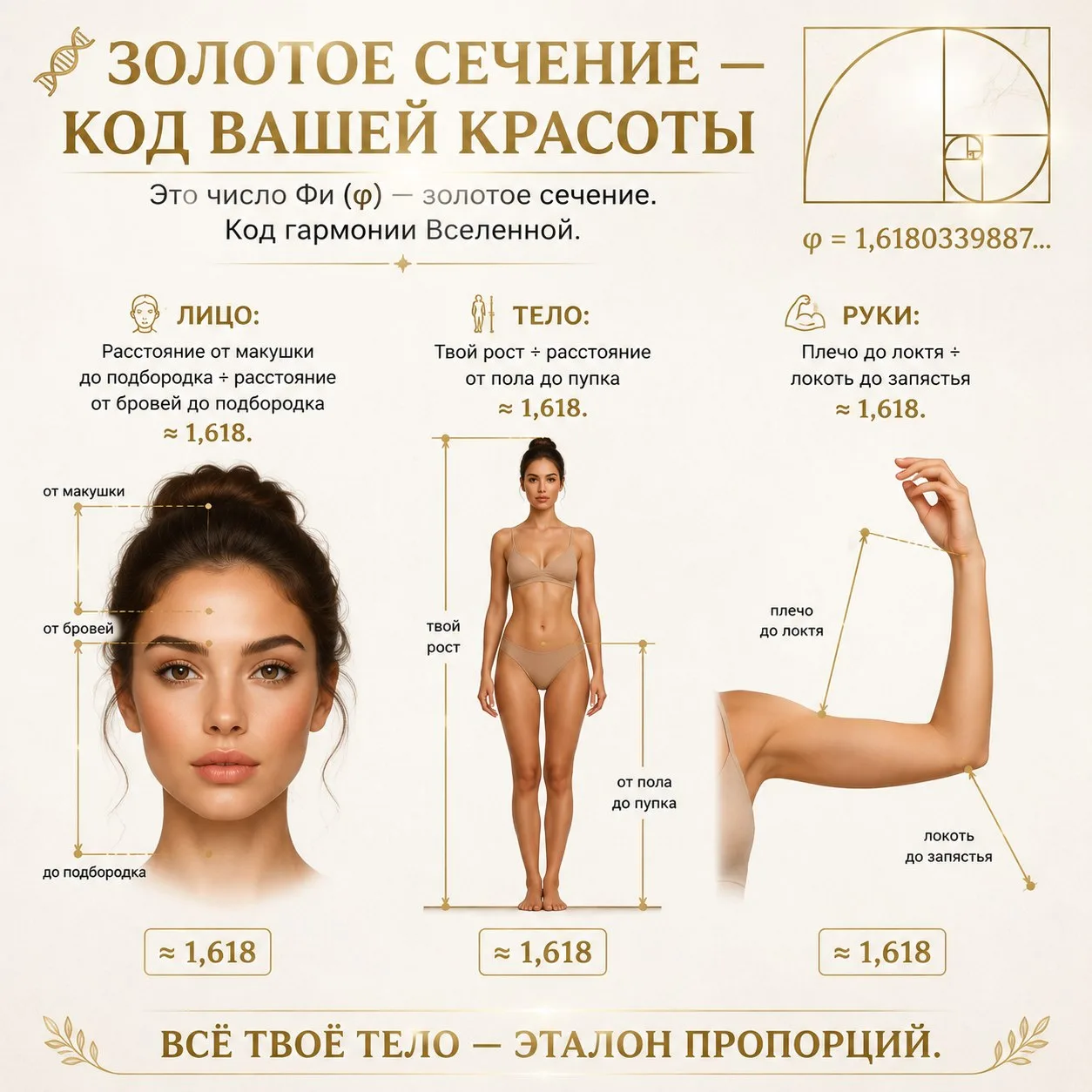 🧬 ЗОЛОТОЕ СЕЧЕНИЕ — КОД ВАШЕЙ КРАСОТЫ

Помните, как вчера мы взломали код давления на калькуляторе 