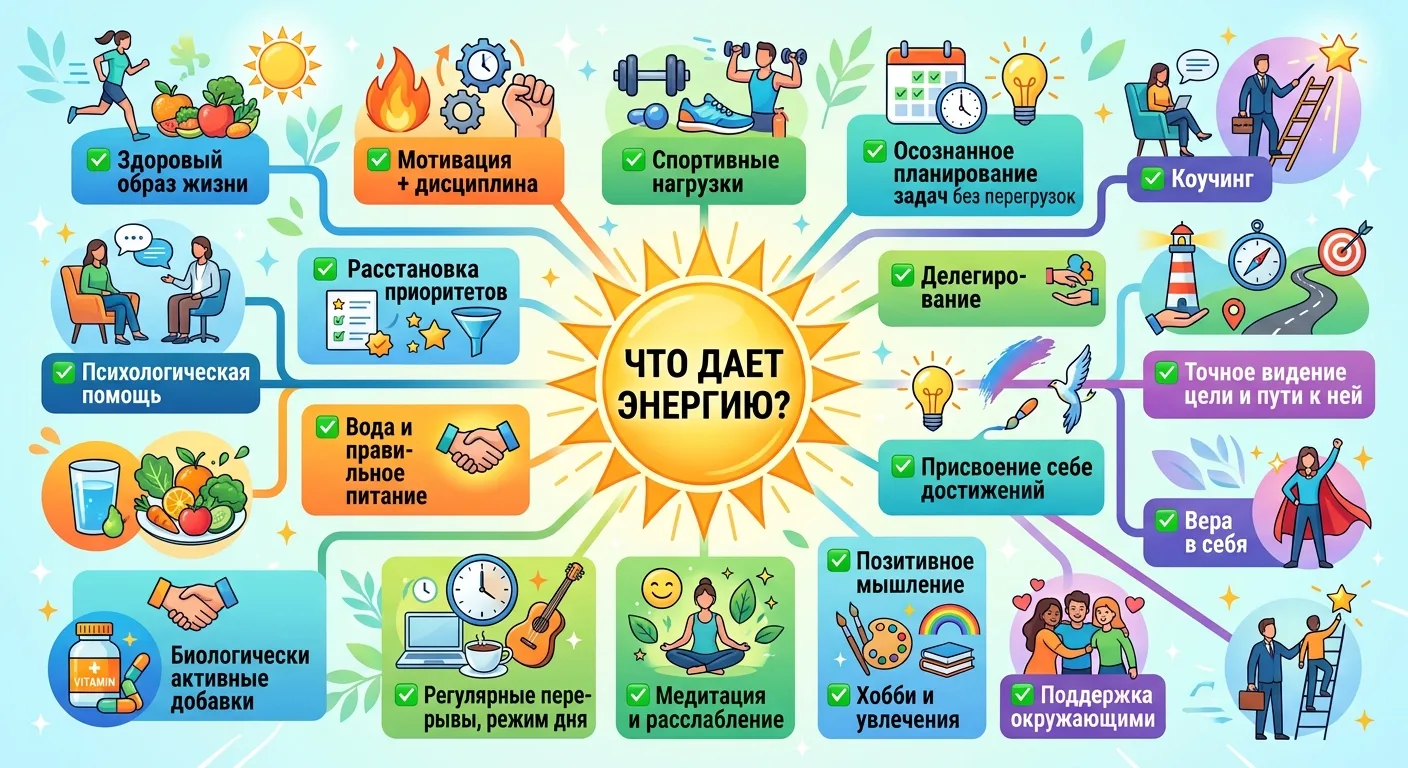Что дает энергию?

✅ Здоровый образ жизни
✅ Мотивация+дисциплина
✅ Спортивные нагрузки
✅ Осознанное 